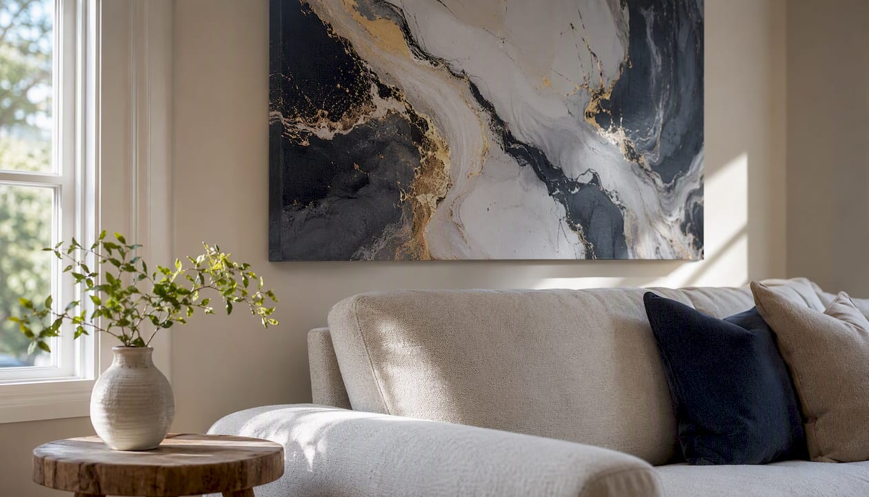 Archival UV-resistant canvas on modern living room wall
