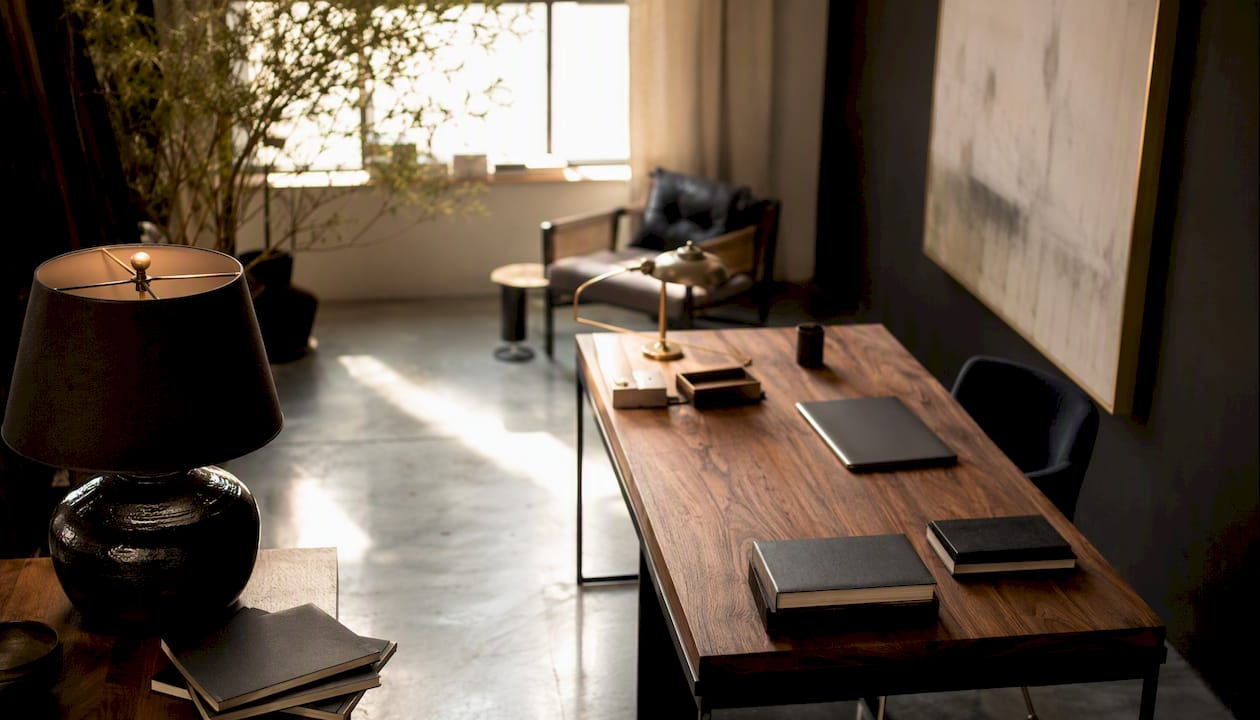 Minimalist modern office with wood and leather accents