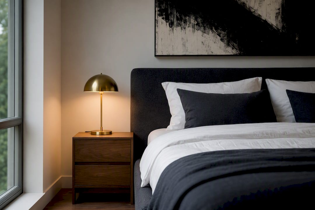 Minimalist room with warm lighting and black-and-white canvas