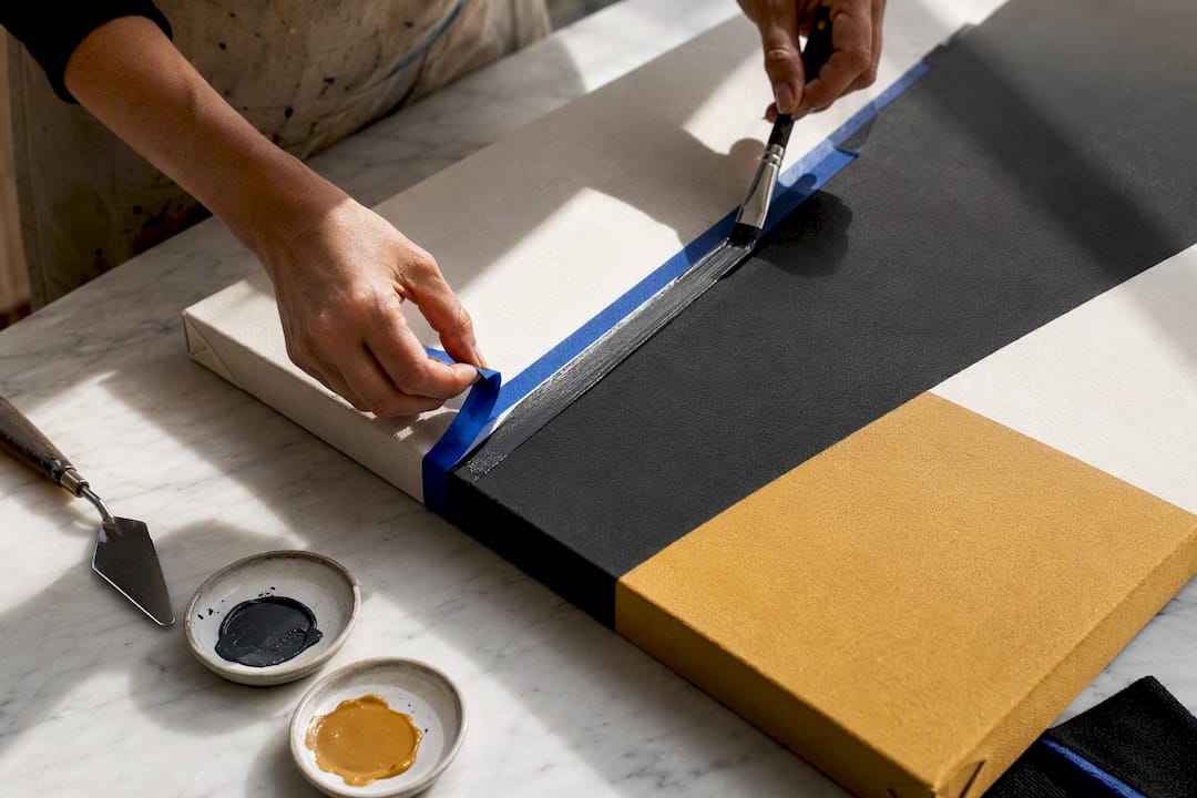 Hands painting geometric canvas artwork