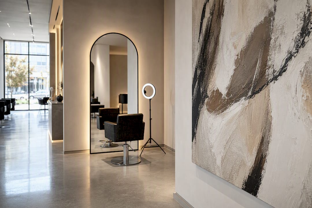 Salon statement wall beside selfie mirror