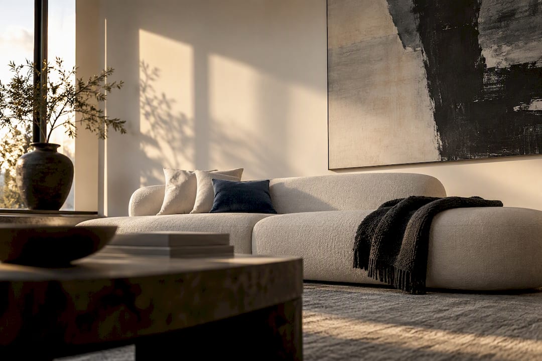 Oversized canvas anchoring a refined modern interior