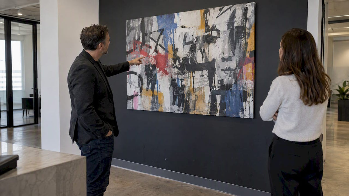 Decision makers examining office graffiti canvas