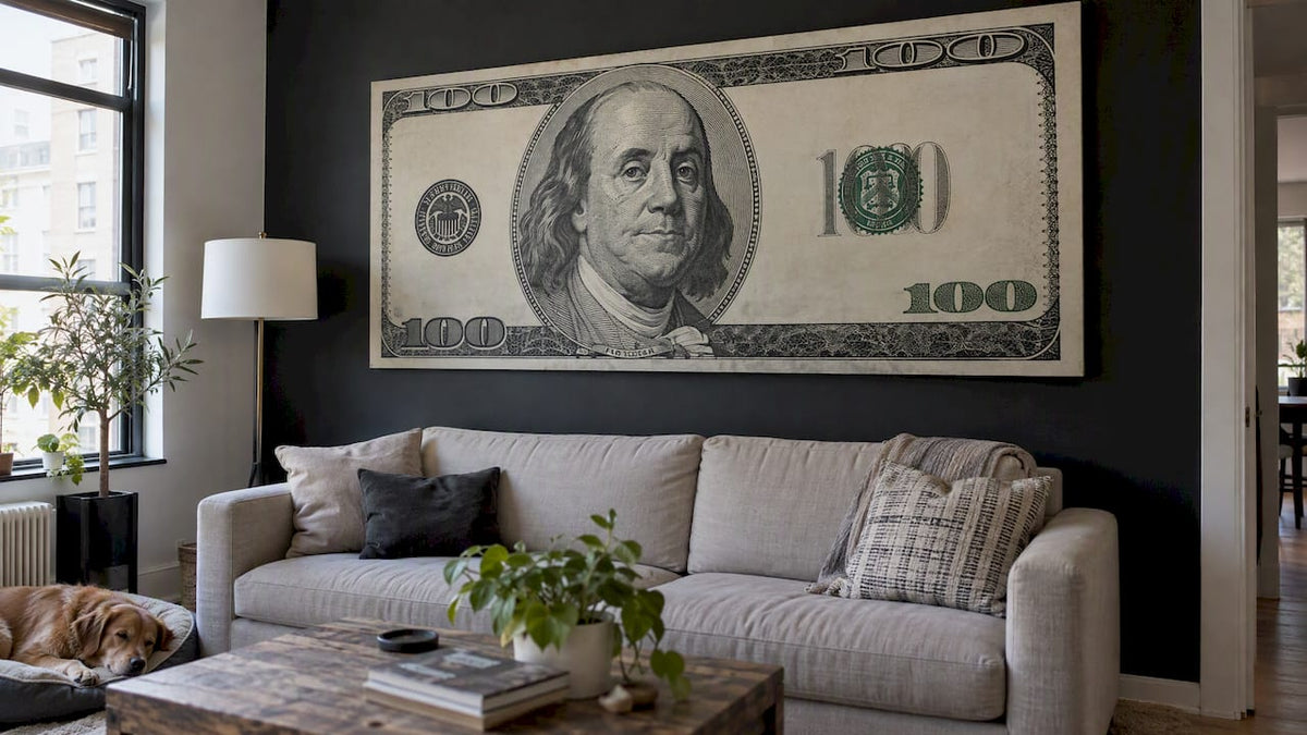 Enlarged dollar bill canvas above a sofa