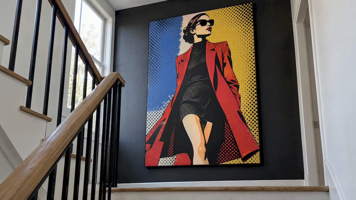 Fashion pop art canvas on charcoal stairwell wall