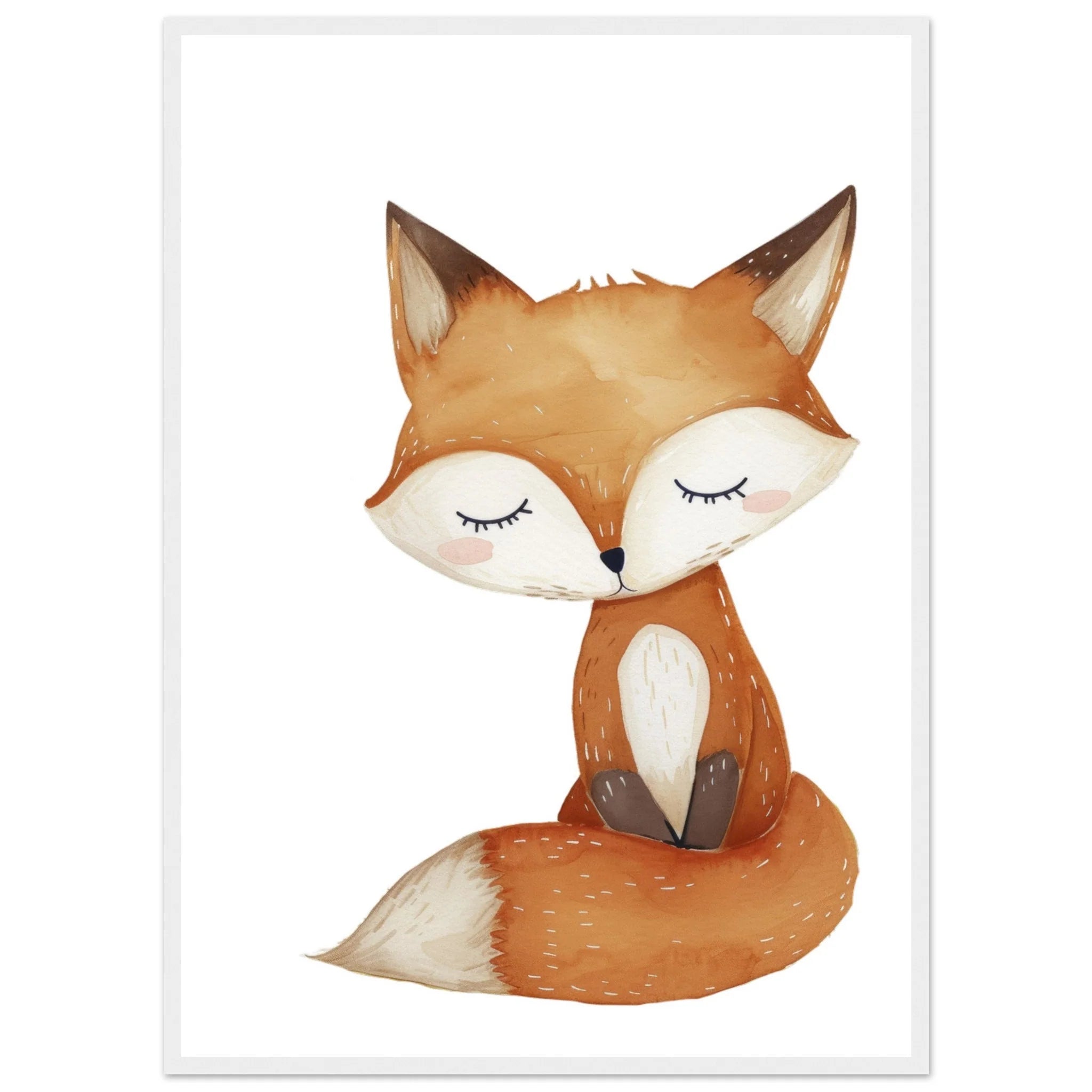 Adorable watercolor Fox Nursery Wall Art: Cute sleeping fox with bushy tail, perfect for kids' room decor.