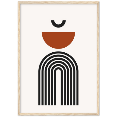 Living Room Minimalist Wall Art: Abstract geometric print featuring black, white, and burnt orange shapes in an arched design.