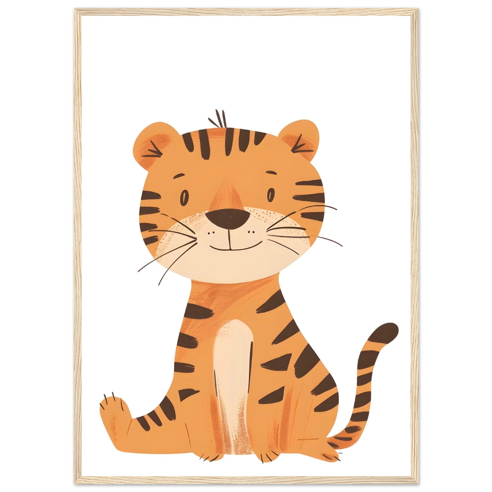 Adorable Tiger Nursery Wall Art: Cute cartoon tiger sitting, orange and brown stripes, perfect for kids' room decor.