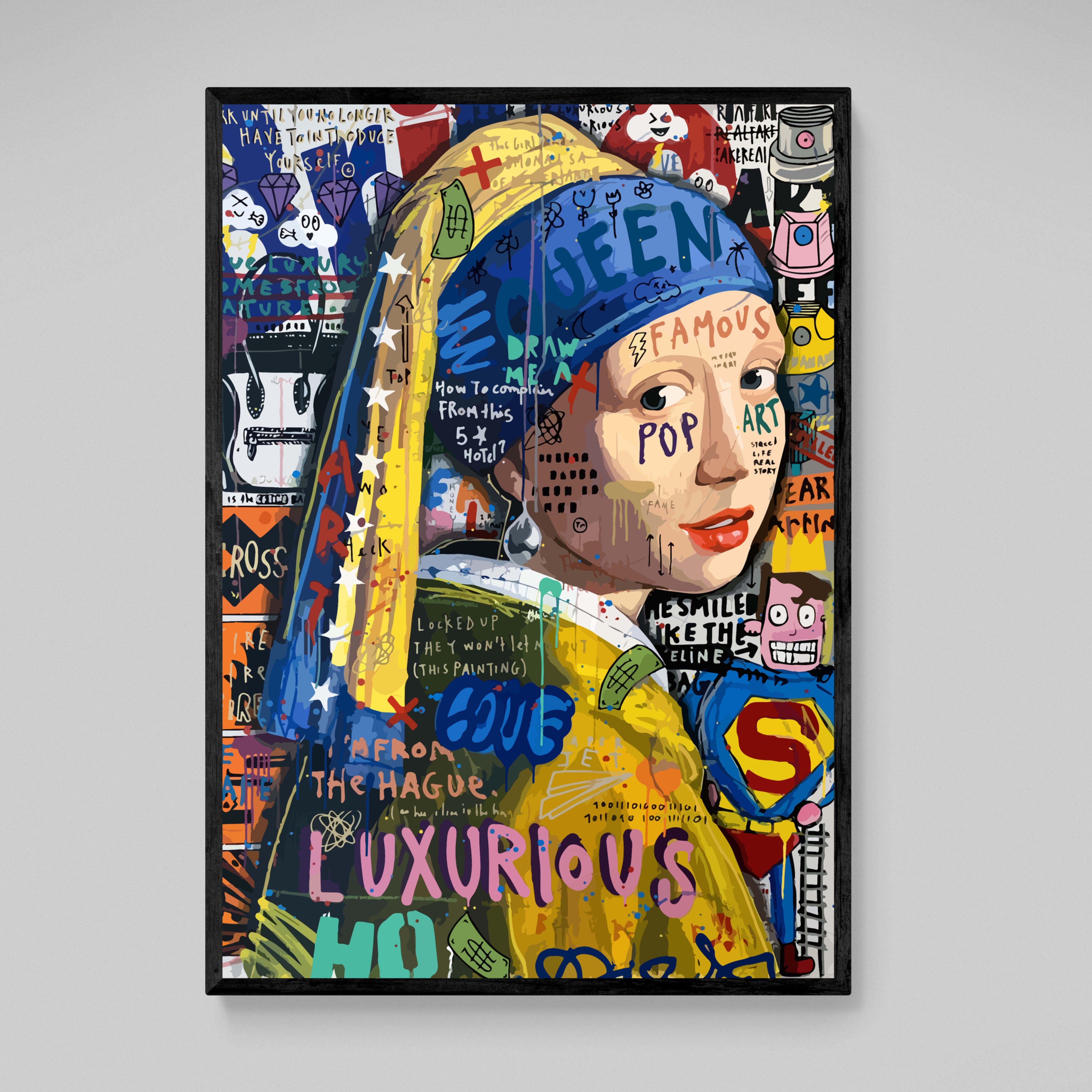 Girl With A Pearl Earring Graffiti Wall Art: Vibrant pop art remix of the classic painting, featuring graffiti and street art elements.