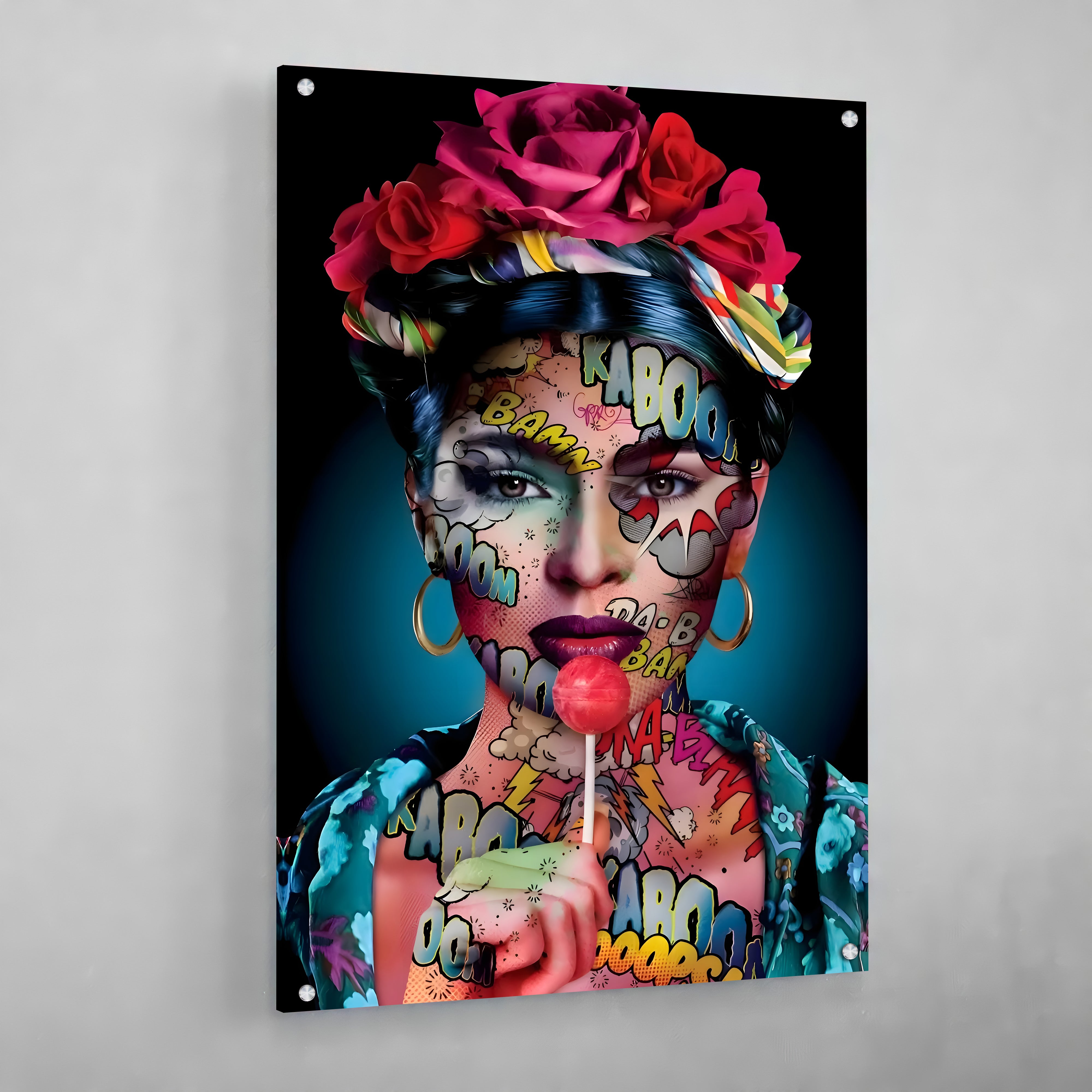 Frida Kahlo Pop Art Wall Art: Vibrant pop art portrait of Frida Kahlo with a lollipop