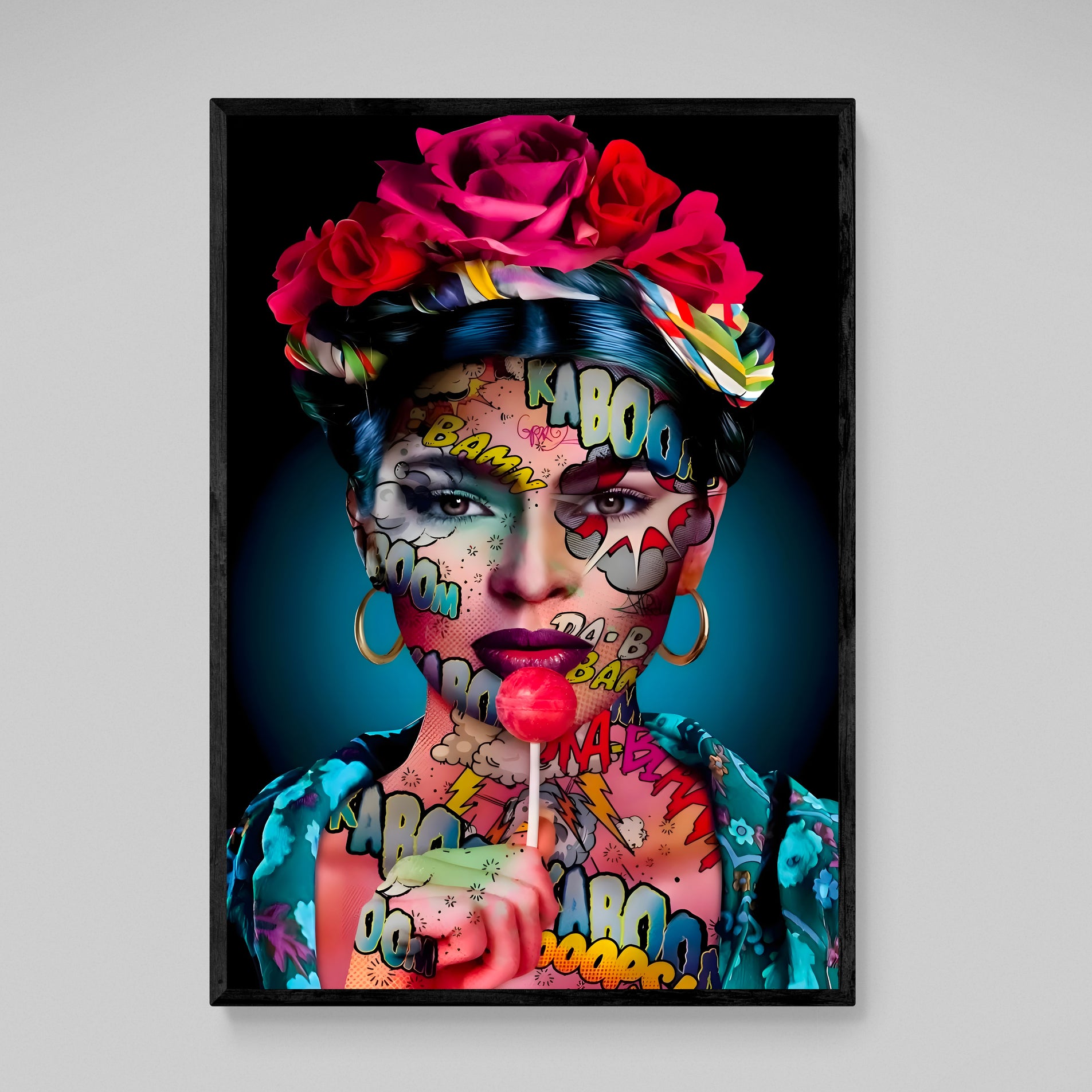 Frida Kahlo Pop Art Wall Art: Vibrant portrait of Frida Kahlo with comic book style face and floral crown.