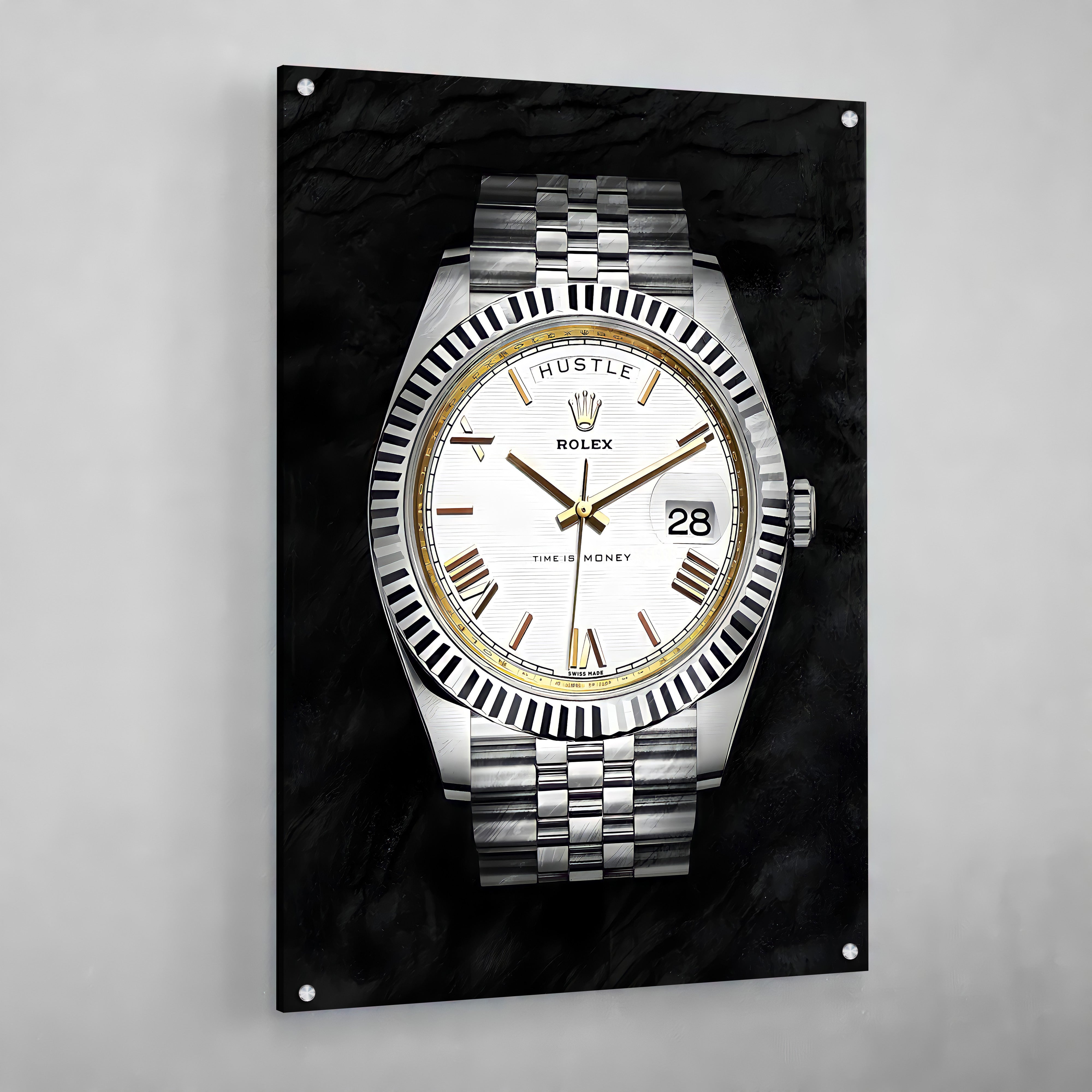 Rolex Wall Art: Stylish black and white Rolex watch print on sleek black background.  Time is Money.