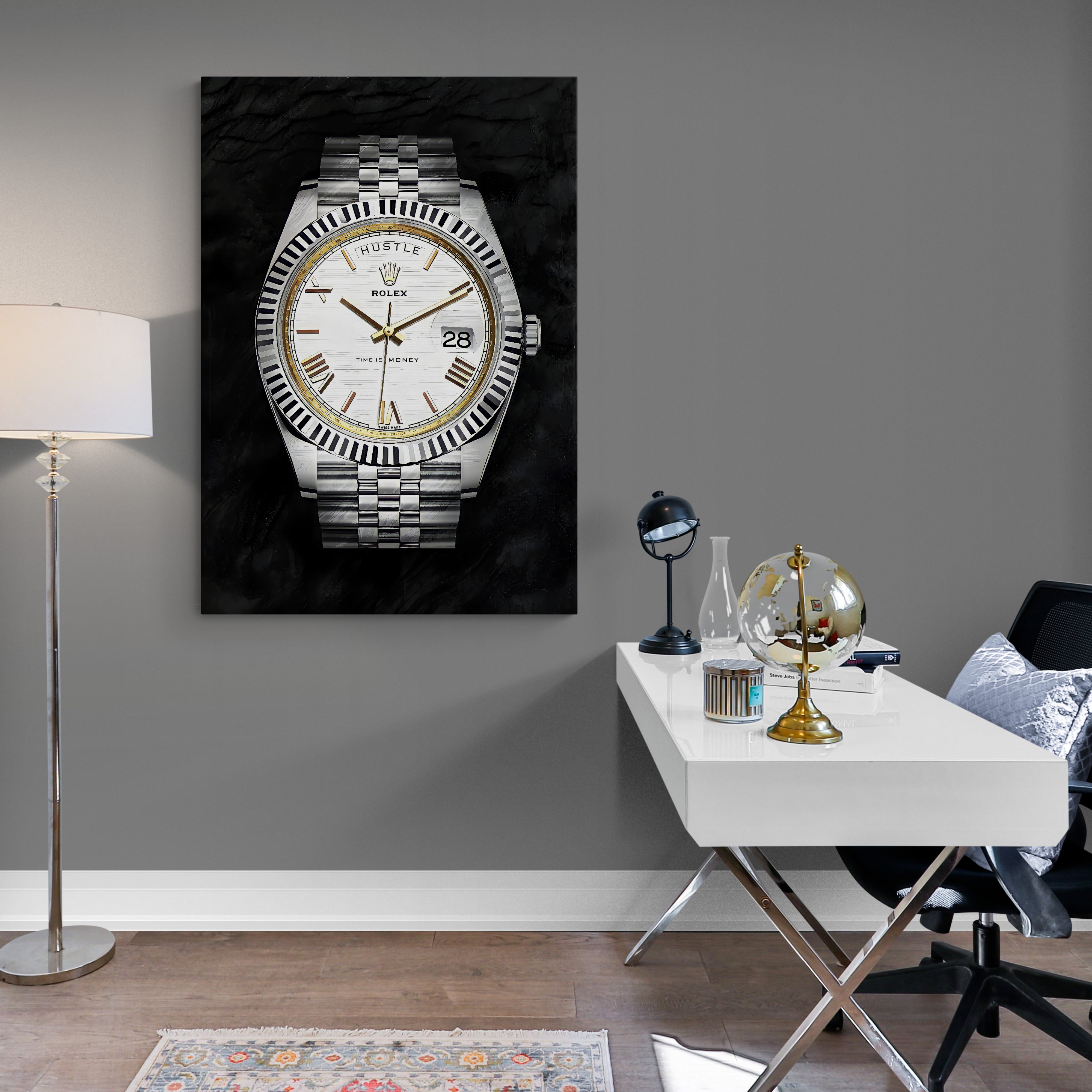 Rolex Wall Art: Close-up of a silver Rolex watch on a black background.  Stylish and modern home decor.