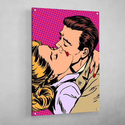 Colorful Pop Art Canvas: A romantic pop art couple sharing a passionate kiss, set against a vibrant pink and blue polka dot background.