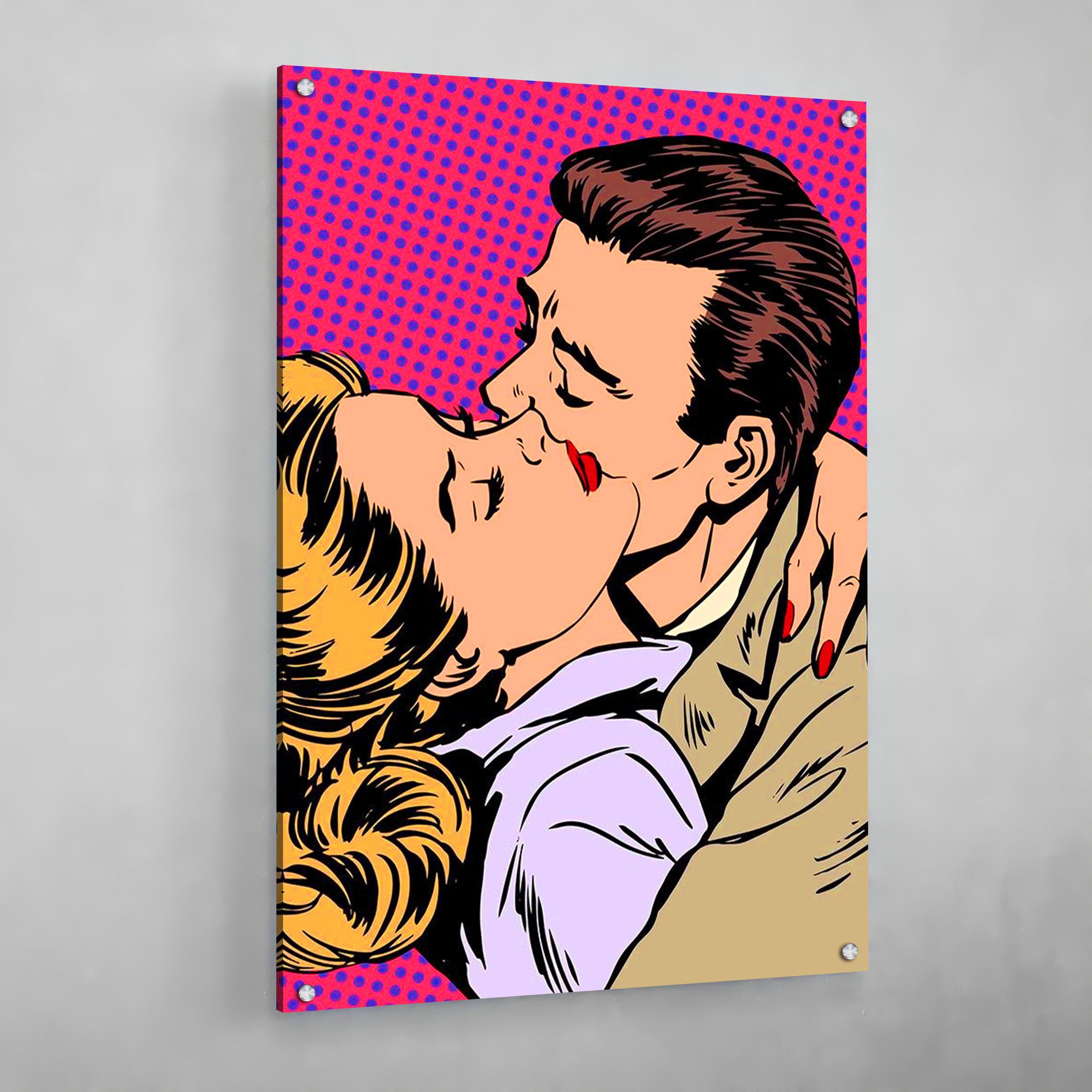 Colorful Pop Art Canvas: A romantic pop art couple sharing a passionate kiss, set against a vibrant pink and blue polka dot background.