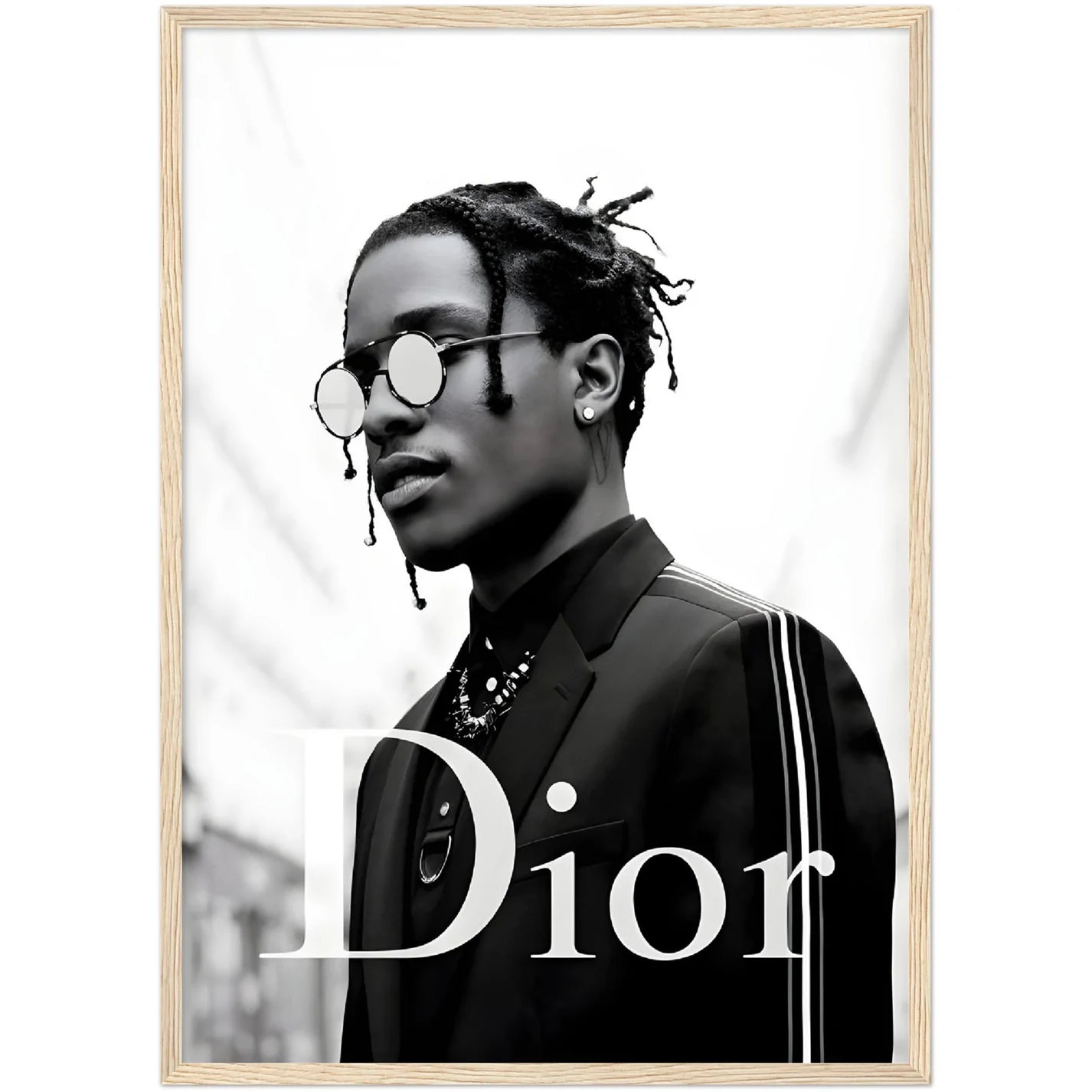 Asap Rocky Dior Wall Art: Black and white portrait of A$AP Rocky wearing Dior, stylish sunglasses.
