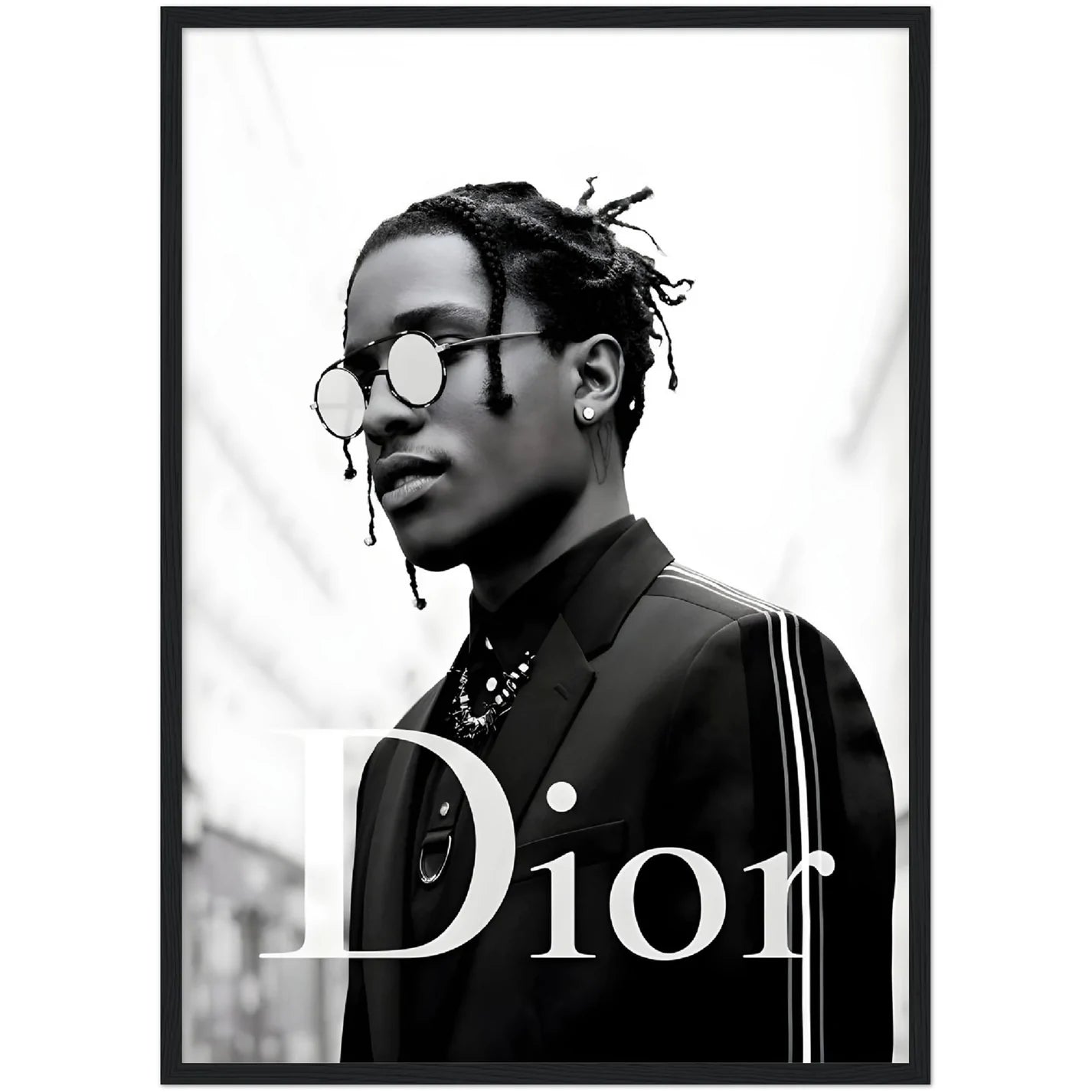Asap Rocky Dior Wall Art: Black and white portrait of A$AP Rocky in a Dior suit