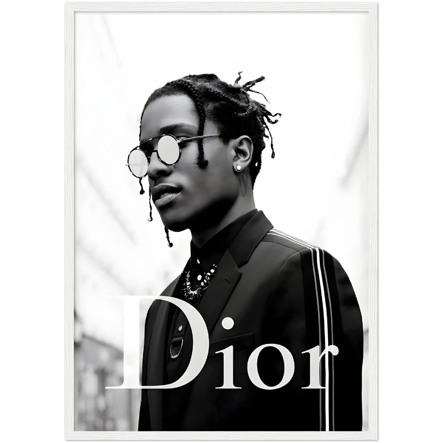 Asap Rocky Dior Wall Art: Black and white portrait of A$AP Rocky in a Dior suit.