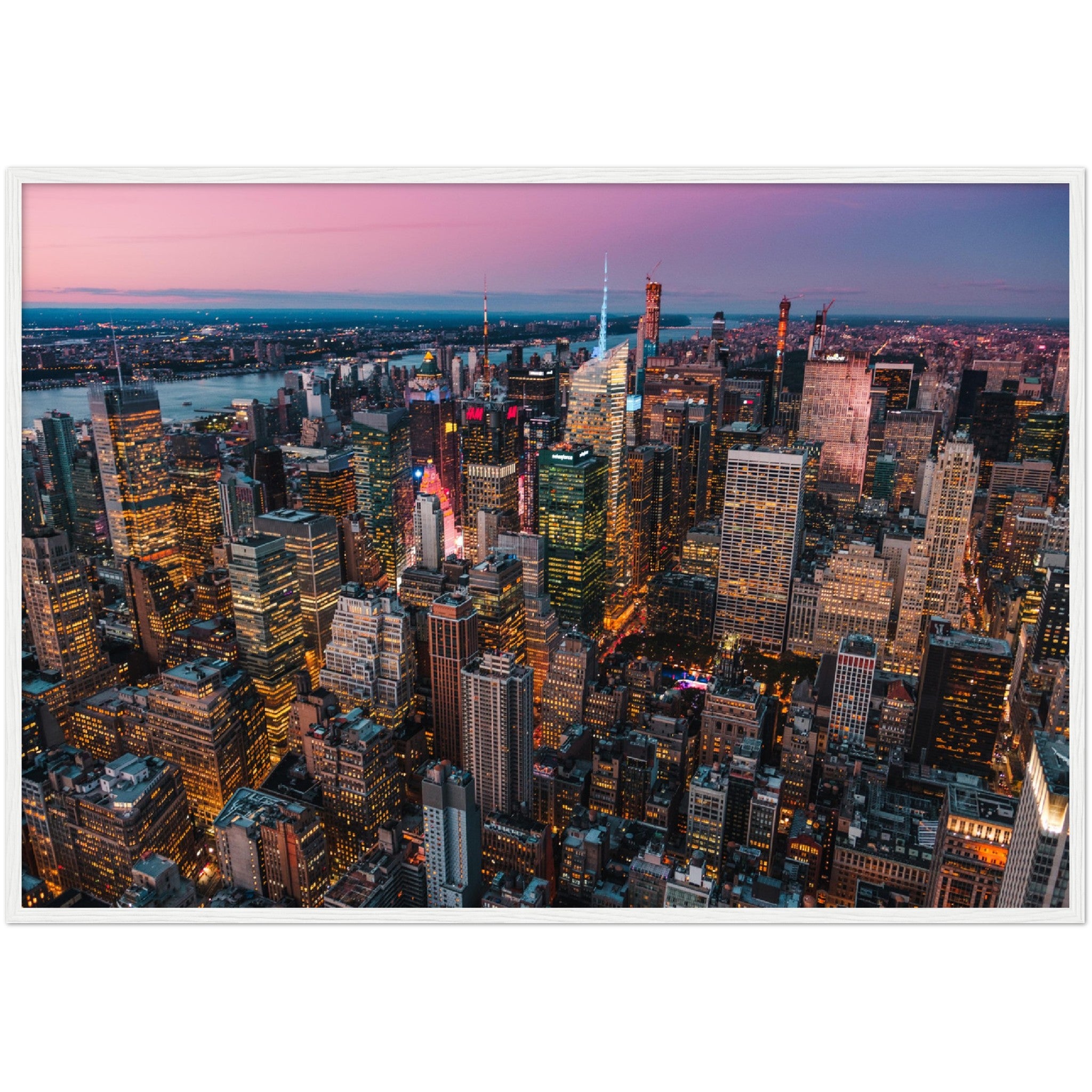 Manhattan Buildings Wall Art: Stunning aerial view of illuminated NYC skyscrapers at sunset. Cityscape art print.